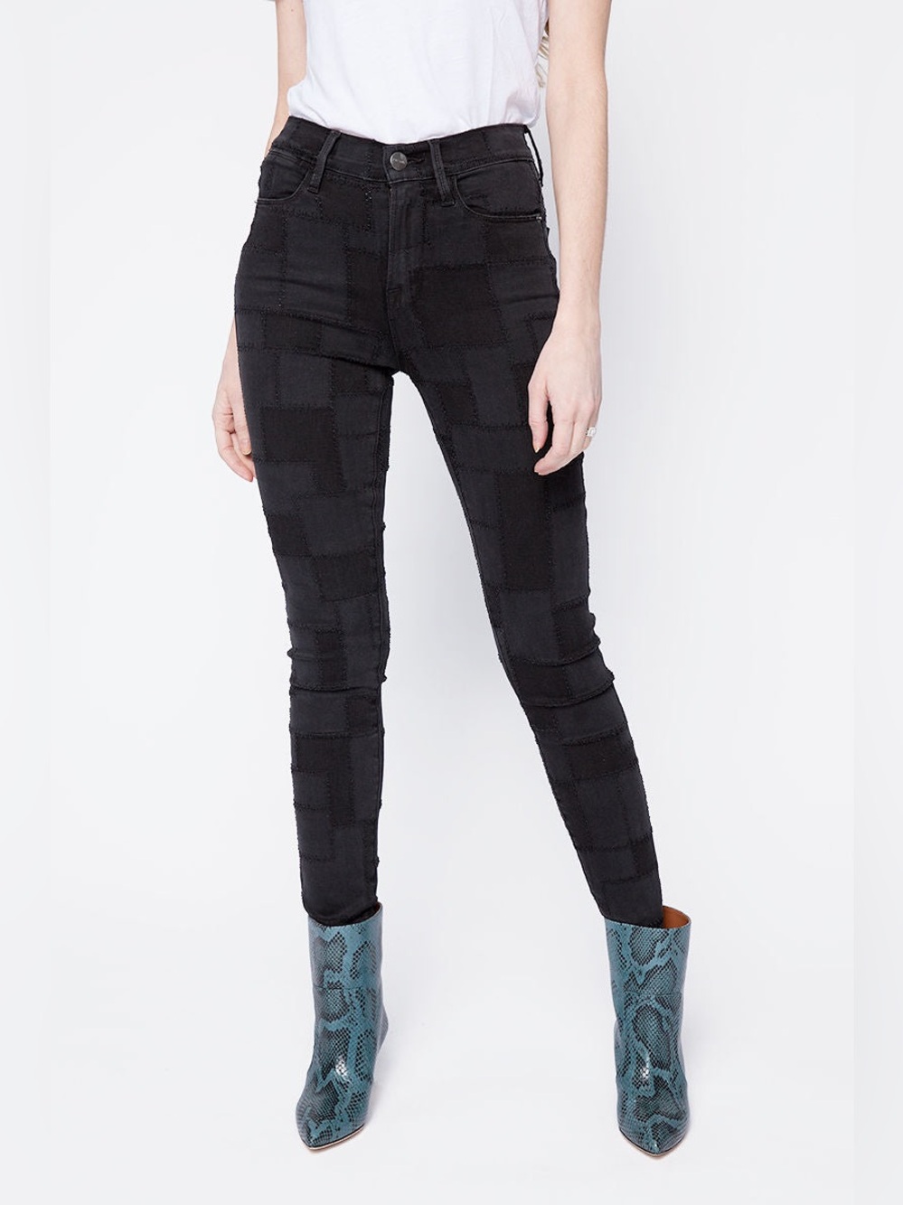 FRAME Le High Skinny Laser Patchwork Jeans | Black | Noir Multi | Size 28